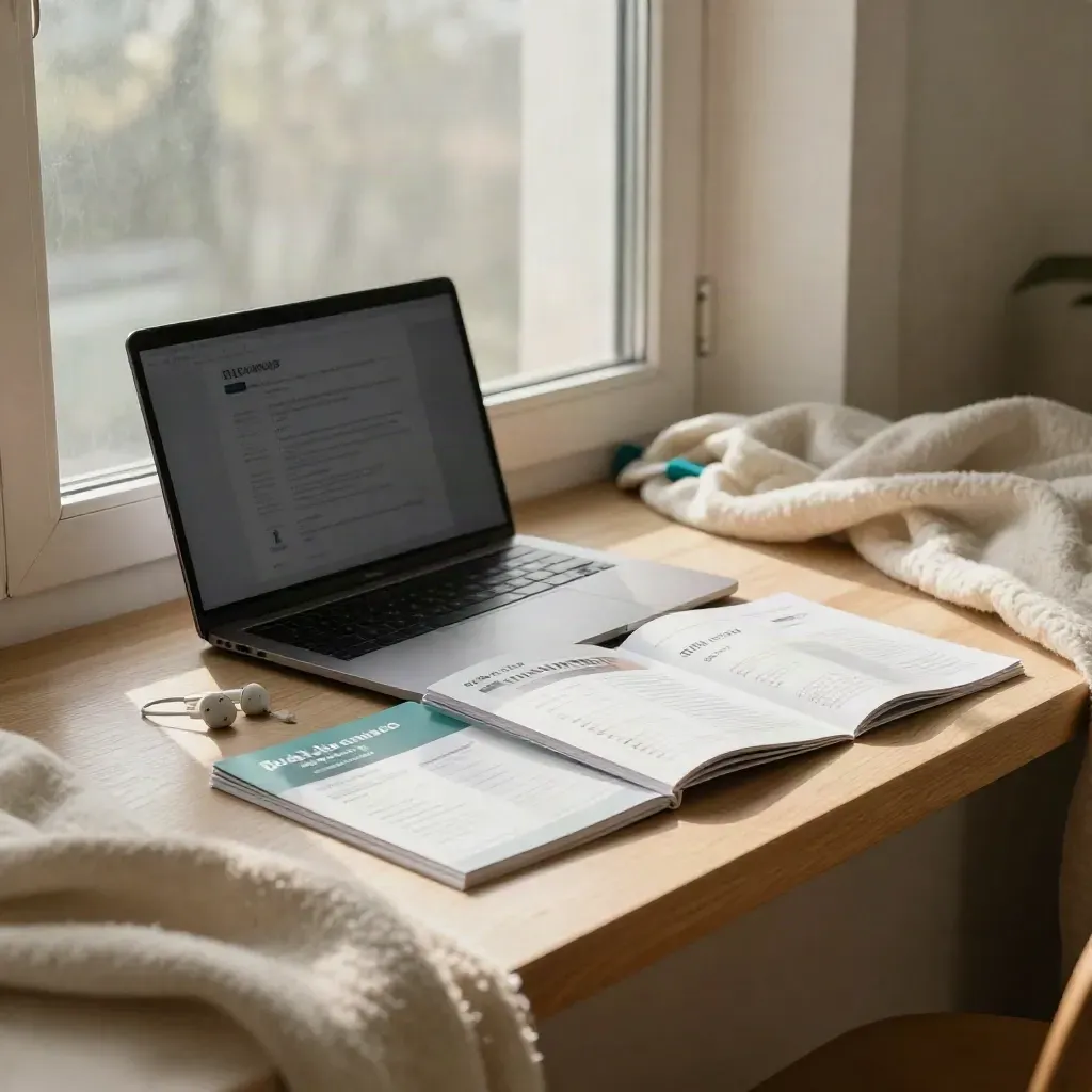 Ljus fönsterhörna med stängd laptop, kurskort, hörlurar och filt på en bänk.