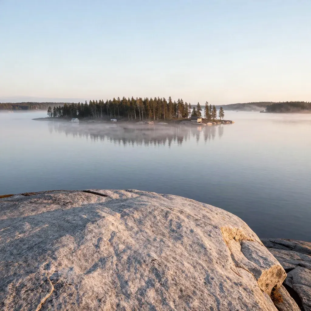Dimmig svensk sjöhorisont med skog, öar och ljusgrå granit i förgrunden